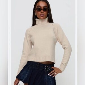 🆕 Pria Knit Funnel Turtleneck Sweater, Ribbed Hem, Cotton, Natural Beige,Size L